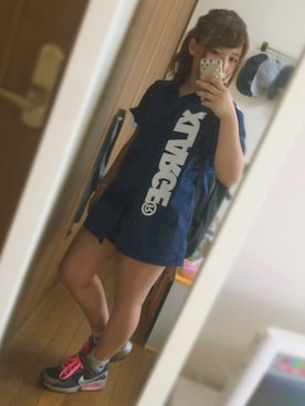 「XLARGE（エクストララージ）のS/S BIG STANDARD LOGO SHIRT（シャツ/ブラウス）」を使った、ちびおおかみさん（レディース・141cm）の春コーディネート