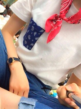 「GU（ジーユー）のアイテム（Tシャツ/カットソー、ホワイト系）」を使った、みきたんさん（レディース）の夏コーディネート