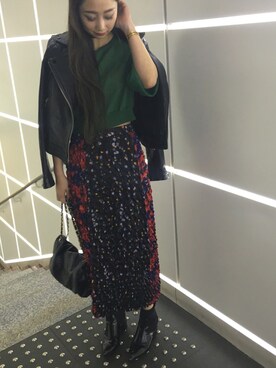 「AMERI」｜「アイテム（ライダースジャケット）」を使った、YUKARIさん（レディース・165cm）の春コーディネート