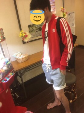 「アイテム（ジャージ、レッド系）」を使った、^_−☆さん（メンズ・178cm）の冬コーディネート