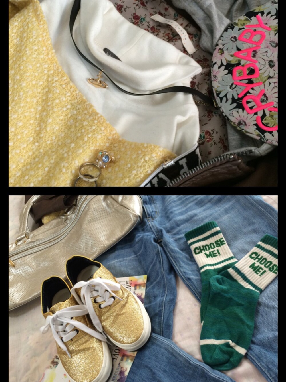 「ゴールド、gold、yellow、denim、春、spring、casual、Vivienne Westwood、冬春コーデ、ストリート」｜「Vivienne Westwoodのアイテム（アクセサリー、ゴールド系）」を使った、NORAHさん（レディース・156cm）の秋コーディネートの1枚目の写真