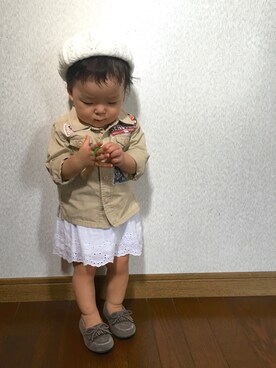 「H&M（エイチ・アンド・エム）のアイテム（ハンチング/ベレー帽）」を使った、CHISEさん（キッズ・70cm）の秋コーディネート