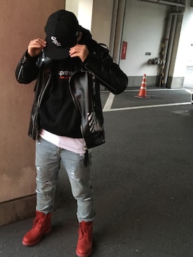「off white」｜「アイテム（ライダースジャケット）」を使った、池まさん（メンズ・169cm）の冬コーディネート