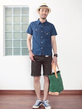 「Pherrow's（フェローズ）のアイテム（その他トップス）」を使った、BARRELSさん（メンズ・185cm）の夏コーディネート