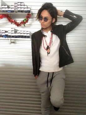 「FREAK'S STORE（フリークスストア）のアイテム（ライダースジャケット）」を使った、高崎政義さん（メンズ・184cm・20代）の冬コーディネート