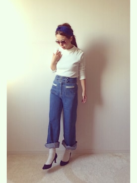 「ハイウエストデニム」｜KoRoさん（レディース・157cm）の冬コーディネート