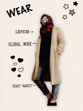 「GLOBAL WORK（グローバルワーク）の【WEB限定XLサイズ】WチェスターコートXL/569479（チェスターコート、ベージュ系）」を使った、octopus*さん（レディース）の冬コーディネート