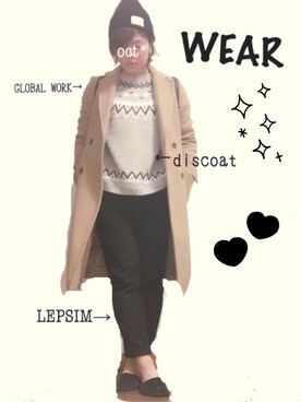 「GLOBAL WORK（グローバルワーク）の【WEB限定XLサイズ】WチェスターコートXL/569479（チェスターコート、ベージュ系）」を使った、octopus*さん（レディース）の冬コーディネート