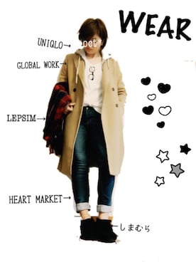 「GLOBAL WORK（グローバルワーク）のアイテム（チェスターコート、ベージュ系）」を使った、octopus*さん（レディース）の冬コーディネート