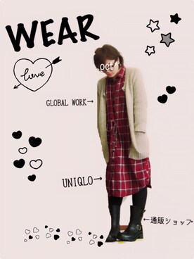 「アイテム（シャツワンピース、レッド系）」を使った、octopus*さん（レディース・161cm）の冬コーディネート