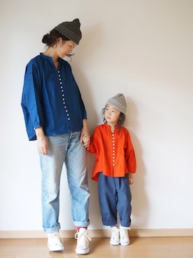 「pongee（ポンジー）のアイテム（帽子）」を使った、pongeeさん（キッズ・110cm）の秋コーディネート