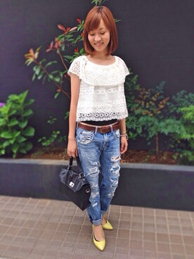 「MERCURYDUO（マーキュリーデュオ）のレーストップス（Tシャツ/カットソー、ホワイト系）」を使った、Namicoさん（レディース）の夏コーディネート