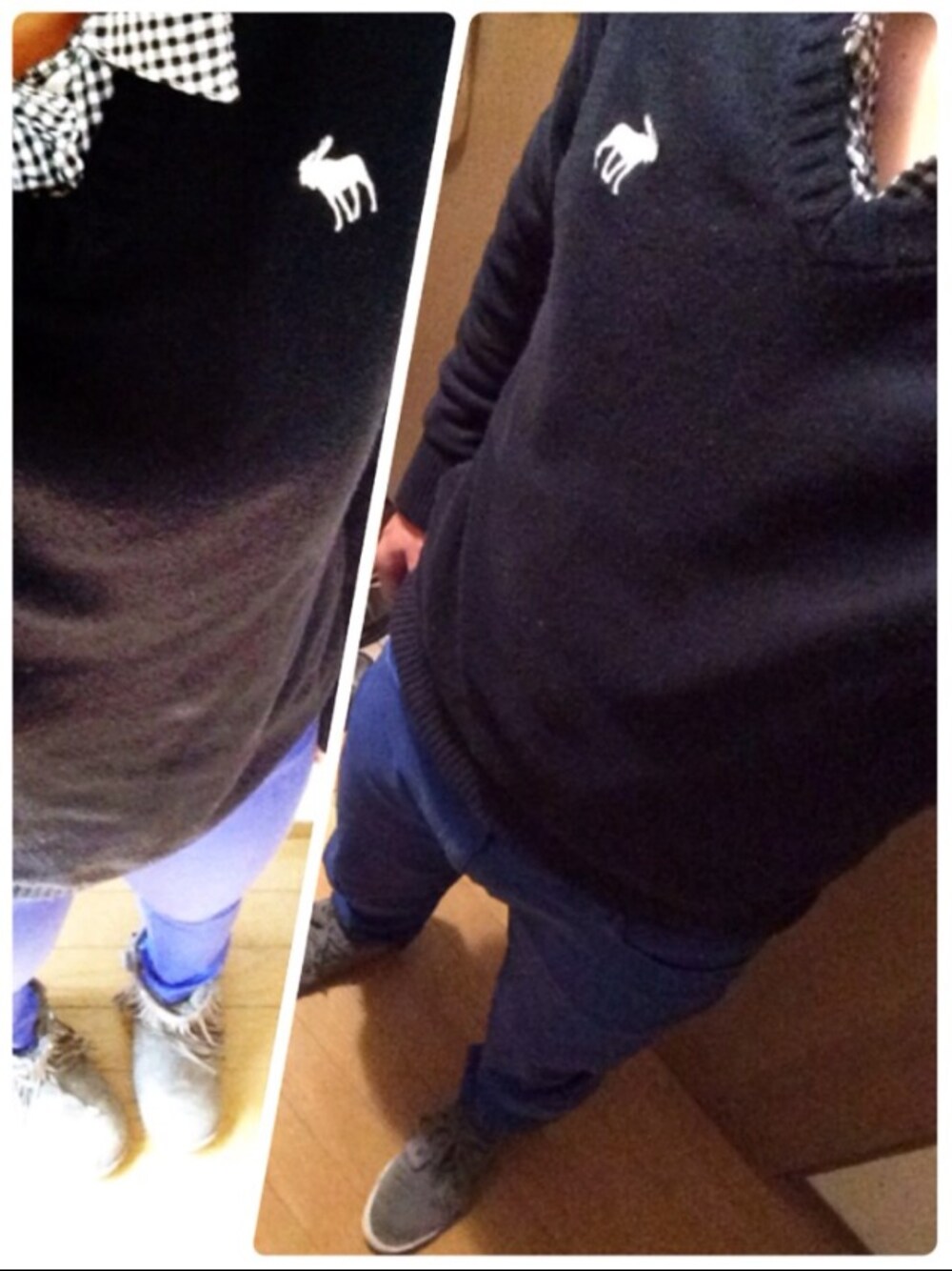 ブルー系のニット/セーター、ブラック系のシャツ/ブラウス、ブルー系のチノパンツを着用したメンズの春コーディネートの1枚目の写真