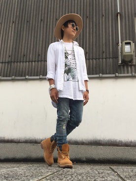 「UP START（アップスタート）のアイテム（帽子）」を使った、Ｎobuさん（メンズ・163cm）の夏コーディネート
