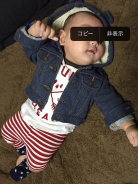 「星条旗」｜「アイテム（デニムジャケット）」を使った、Tooowさん（キッズ・70cm）の秋コーディネート