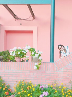「Lecole des femmesのアイテム（シャツ/ブラウス、ホワイト系）」を使った、ᎬᏞF-ᏞᎬNᎪ さん（レディース・158cm）の夏コーディネート