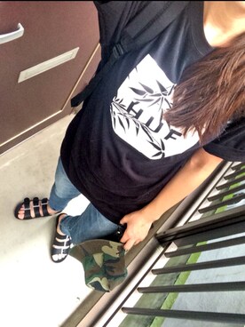 「OZOC（オゾック）のベルトサンダル（サンダル、ブラック系）」を使った、mya:)さん（レディース）の夏コーディネート