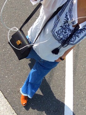 「PAGEBOY（ページボーイ）の裾フリンジデニムバギーパンツ（その他パンツ、ブルー系）」を使った、mya:)さん（レディース）の夏コーディネート