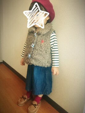 「アイテム（ダウンベスト、ブラウン系）」を使った、kinokonokoさん（キッズ・80cm）の秋コーディネート