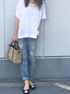 「niko and...（ニコアンド）のオリジナル ミニラインテープカゴバッグ【niko and...】（かごバッグ）」を使った、Ayako  さん（レディース・150cm）の春コーディネート