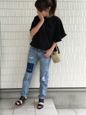 「niko and...（ニコアンド）のオリジナル ミニラインテープカゴバッグ【niko and...】（かごバッグ）」を使った、Ayako  さん（レディース・150cm）の夏コーディネート