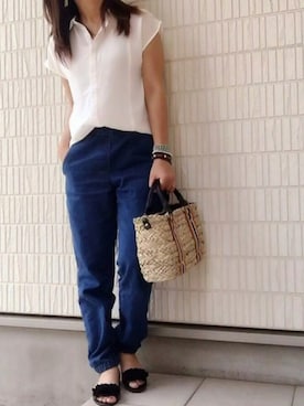 「niko and...（ニコアンド）のオリジナル ミニラインテープカゴバッグ【niko and...】（かごバッグ）」を使った、Ayako  さん（レディース・150cm）の夏コーディネート