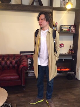 「DIGAWEL（ディガウェル）のアイテム（ステンカラーコート）」を使った、norinakakanemitsuさん（メンズ・178cm）の春コーディネート