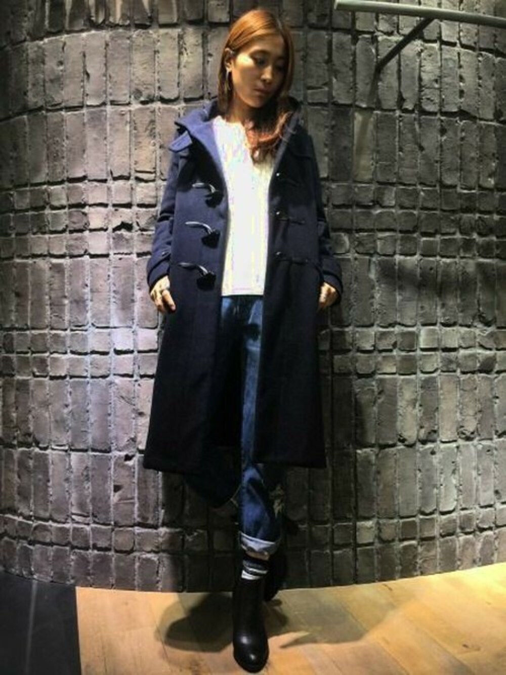 「デニム、ダッフルコート、JEANASiS、ケーブルニット」｜「JEANASISのロングダッフルコート/565654（ダッフルコート、ブルー系）」を使った、eRIさん（レディース・166cm）の秋コーディネートの1枚目の写真