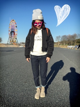 「ロゴニット」｜「アイテム（モカシン/デッキシューズ）」を使った、Akiさん（レディース・153cm）の冬コーディネート