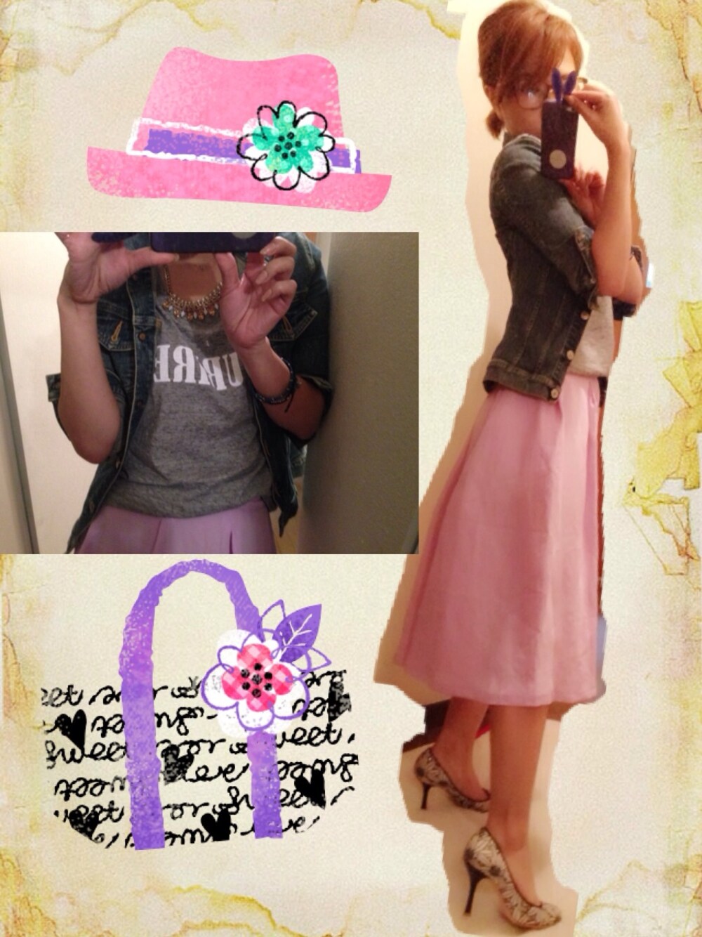 ホワイト系のパンプス、グレー系のTシャツ/カットソー、パープル系のスカートを着用したレディースの春コーディネートの1枚目の写真