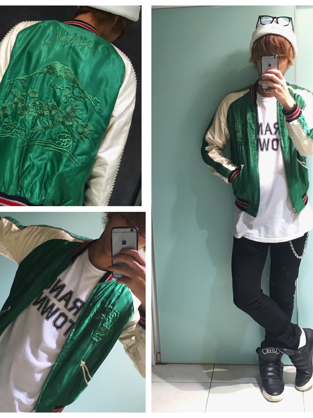 BEAMSのスタジャン（グリーン系）を使ったメンズ人気ファッション