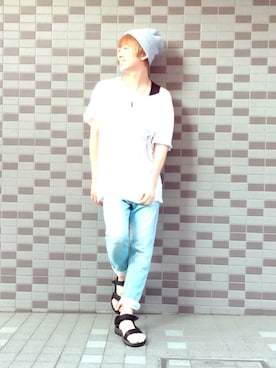 「AZUL by moussy（アズールバイマウジー）のアイテム（サンダル）」を使った、Moguさん（メンズ・175cm）の夏コーディネート