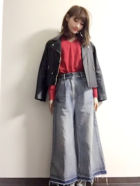 「dazzlin（ダズリン）のアイテム（ライダースジャケット）」を使った、satomi☆さん（レディース・156cm）の春コーディネート