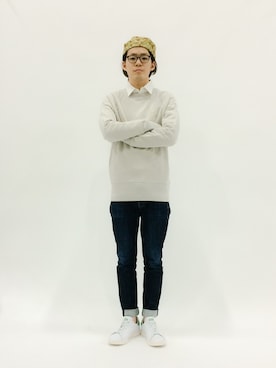 「シャツ×スウェット」｜「アイテム（帽子）」を使った、ナカニシアキラさん（メンズ・172cm）の春コーディネート