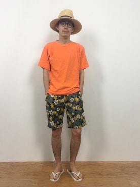 「45R（フォーティファイブアール）のアイテム（Tシャツ/カットソー）」を使った、ナカニシアキラさん（メンズ・172cm）の夏コーディネート