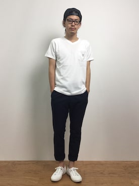「白いスニーカー」｜「アイテム（キャップ）」を使った、ナカニシアキラさん（メンズ・172cm）の夏コーディネート