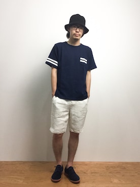 「アイテム（その他シューズ、ブルー系）」を使った、ナカニシアキラさん（メンズ・172cm）の夏コーディネート