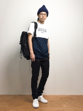 「ホワイトスニーカー」｜「アイテム（ニットキャップ/ビーニー）」を使った、ナカニシアキラさん（メンズ・172cm）の夏コーディネート