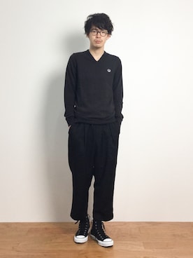 「FRED PERRY（フレッドペリー）のアイテム（ニット/セーター）」を使った、ナカニシアキラさん（メンズ・172cm）の夏コーディネート