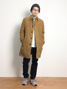 「ニットキャップ」｜「アイテム（ステンカラーコート）」を使った、ナカニシアキラさん（メンズ・172cm）の秋コーディネート