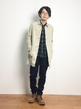 「SHIPS JET BLUE（シップスジェットブルー）のアイテム（ステンカラーコート）」を使った、ナカニシアキラさん（メンズ・172cm）の秋コーディネート