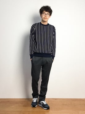 「ストライプトップス」｜ナカニシアキラさん（メンズ・172cm）の秋コーディネート