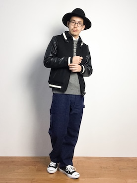 「NANO universe（ナノユニバース）のアイテム（スタジャン）」を使った、ナカニシアキラさん（メンズ・172cm）の秋コーディネート
