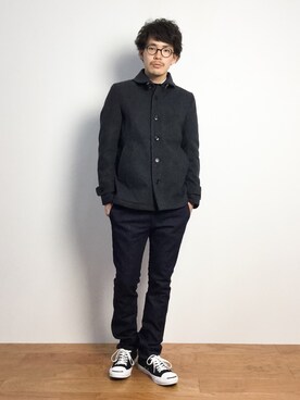 「NANO universe（ナノユニバース）のアイテム（ピーコート）」を使った、ナカニシアキラさん（メンズ・172cm）の秋コーディネート