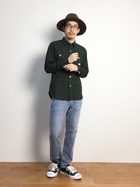 「GLOBAL WORK（グローバルワーク）のフェルトロングブリムハット/705078（ハット）」を使った、ナカニシアキラさん（メンズ・172cm）の秋コーディネート