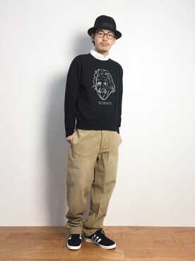 「シャツ×スウェット」｜「アイテム（帽子）」を使った、ナカニシアキラさん（メンズ・172cm）の秋コーディネート