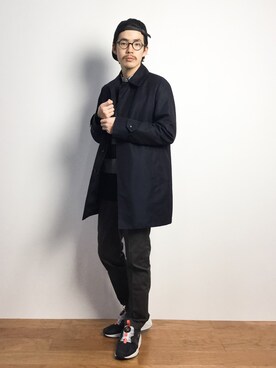 「キャップ×メガネ」｜「アイテム（ステンカラーコート）」を使った、ナカニシアキラさん（メンズ・172cm）の秋コーディネート