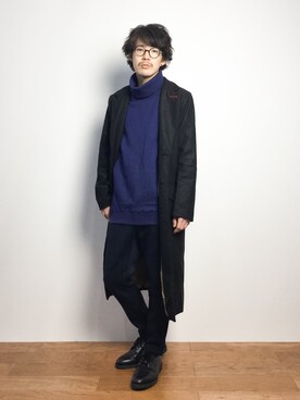 「UP START（アップスタート）のアイテム（チェスターコート）」を使った、ナカニシアキラさん（メンズ・172cm）の秋コーディネート