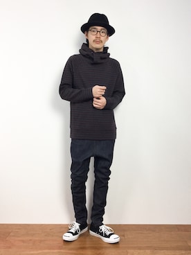 「AZUL by moussy（アズールバイマウジー）のアイテム（キャップ）」を使った、ナカニシアキラさん（メンズ・172cm）の冬コーディネート