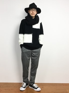 「CASPER JOHN AIVER（キャスパージョンアイバー）のアイテム（帽子）」を使った、ナカニシアキラさん（メンズ・172cm）の冬コーディネート